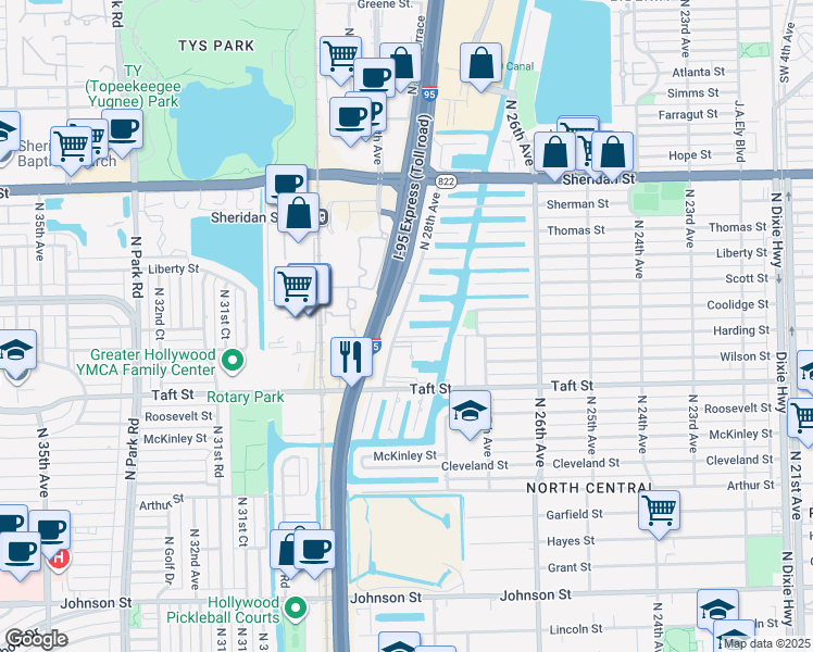 map of restaurants, bars, coffee shops, grocery stores, and more near 1915 North 28th Avenue in Hollywood