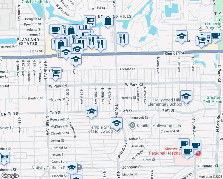map of restaurants, bars, coffee shops, grocery stores, and more near 2020 North 47th Avenue in Hollywood