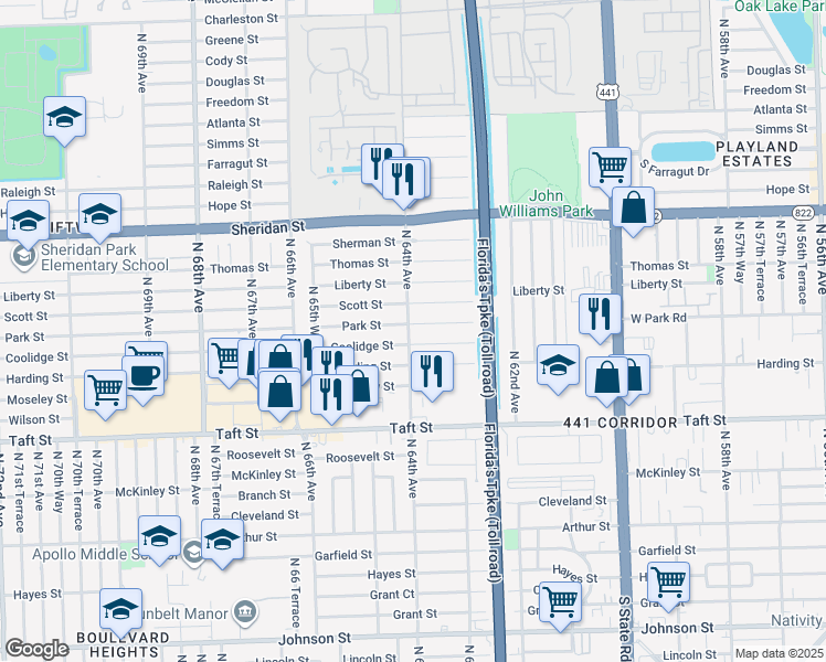 map of restaurants, bars, coffee shops, grocery stores, and more near 6360 Park Street in Hollywood