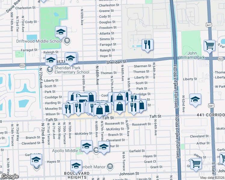 map of restaurants, bars, coffee shops, grocery stores, and more near 6720 Park Street in Hollywood