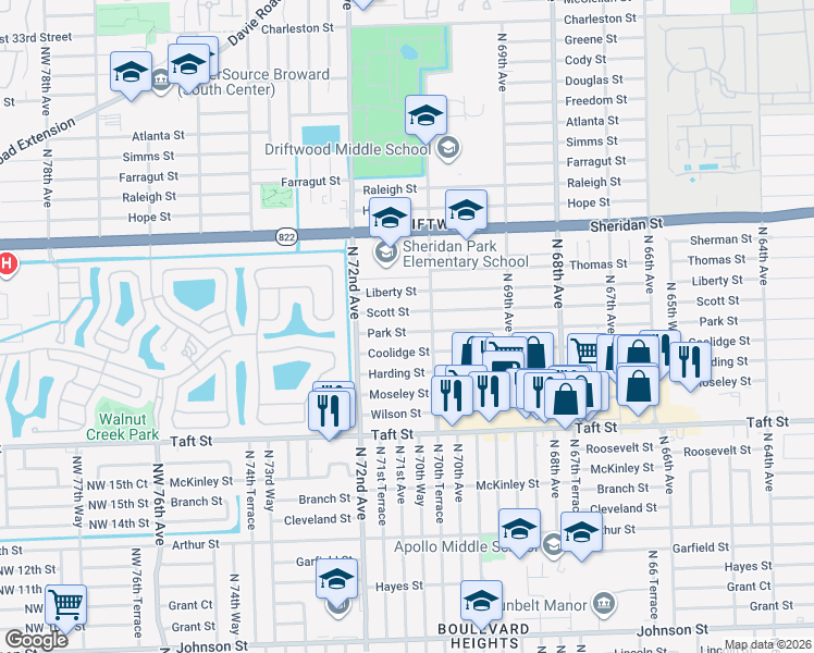map of restaurants, bars, coffee shops, grocery stores, and more near 7101 Park Street in Hollywood