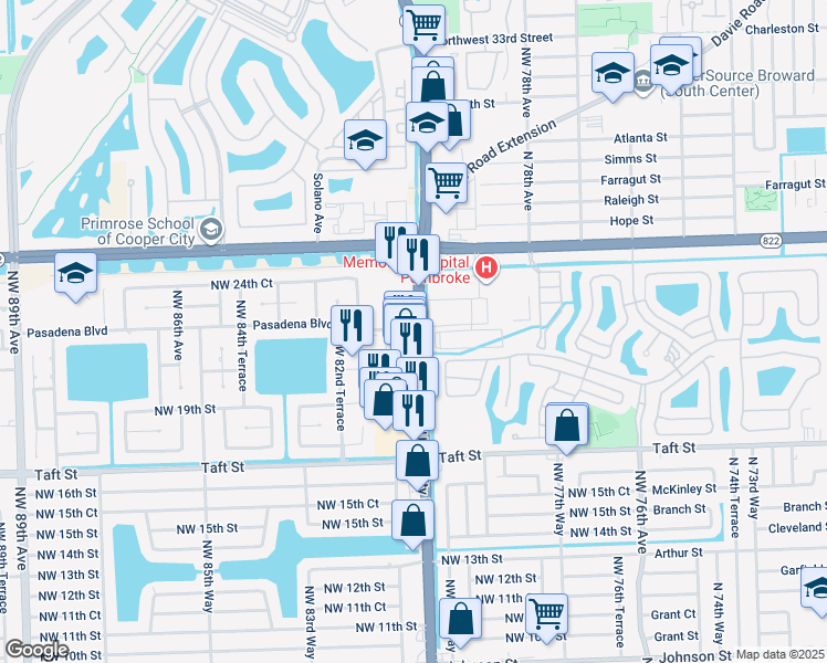 map of restaurants, bars, coffee shops, grocery stores, and more near 2150 North University Drive in Pembroke Pines