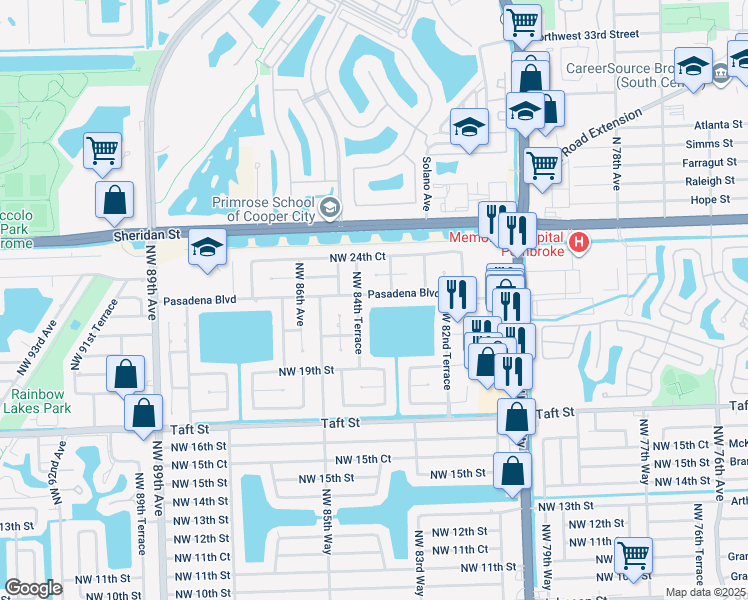 map of restaurants, bars, coffee shops, grocery stores, and more near 8360 Pasadena Boulevard in Pembroke Pines