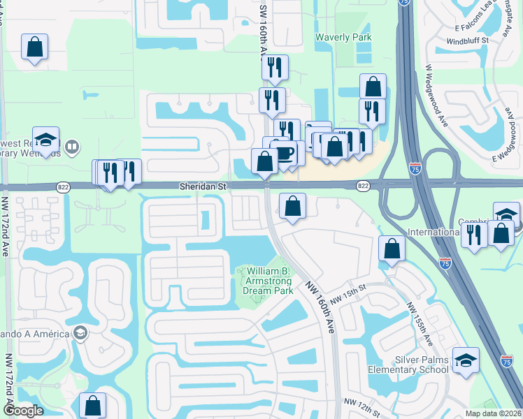map of restaurants, bars, coffee shops, grocery stores, and more near 2246 Northwest 159th Lane in Pembroke Pines