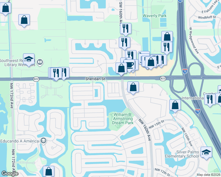 map of restaurants, bars, coffee shops, grocery stores, and more near 2275 Northwest 161st Terrace in Pembroke Pines
