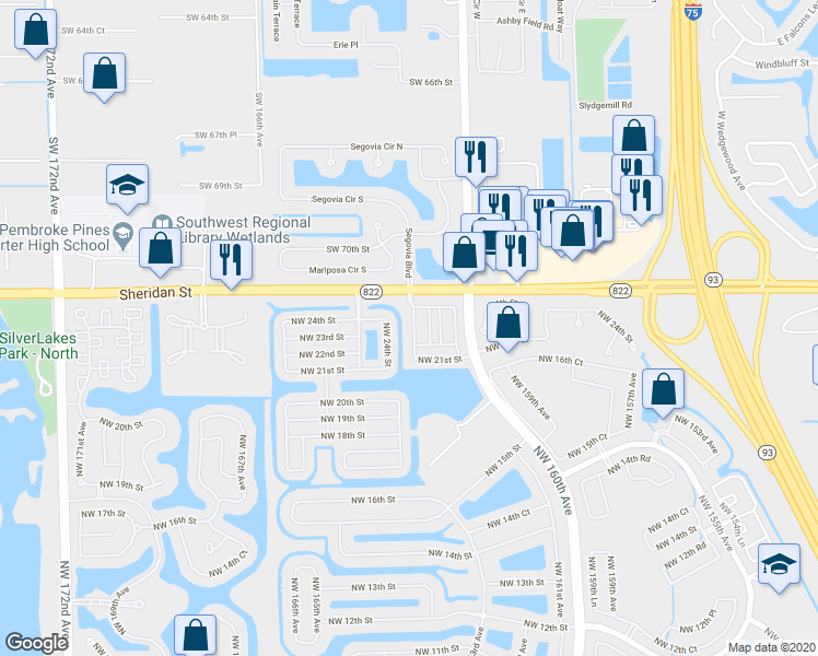 map of restaurants, bars, coffee shops, grocery stores, and more near 2311 Northwest 162nd Terrace in Pembroke Pines