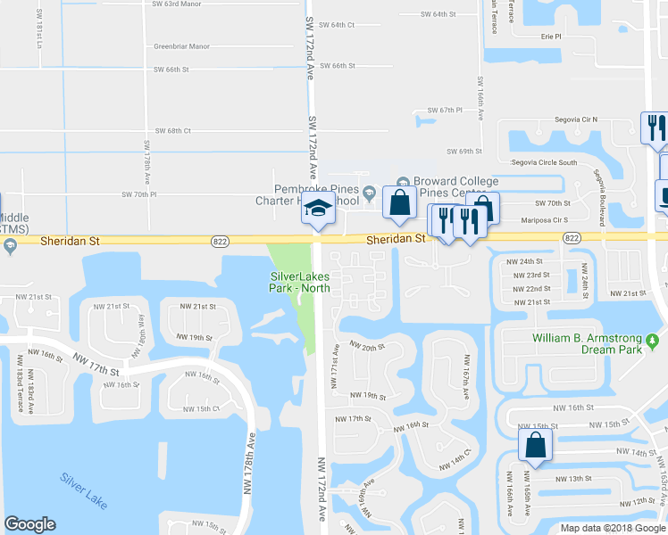 map of restaurants, bars, coffee shops, grocery stores, and more near 2297 Northwest 171st Terrace in Pembroke Pines