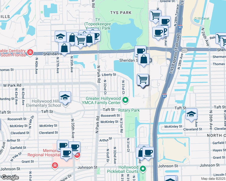 map of restaurants, bars, coffee shops, grocery stores, and more near 2001 North 32nd Avenue in Hollywood
