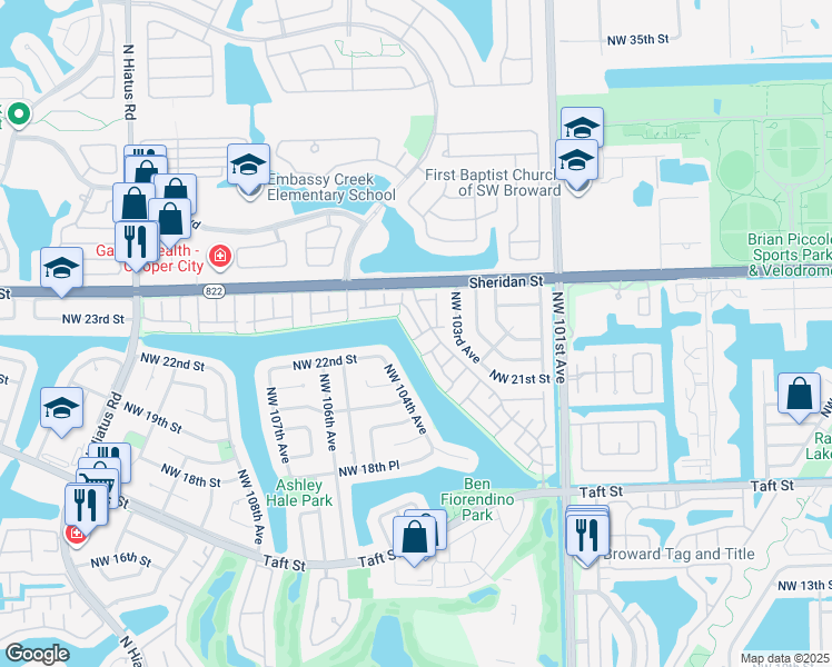 map of restaurants, bars, coffee shops, grocery stores, and more near 2200 Buttonwood Avenue in Pembroke Pines