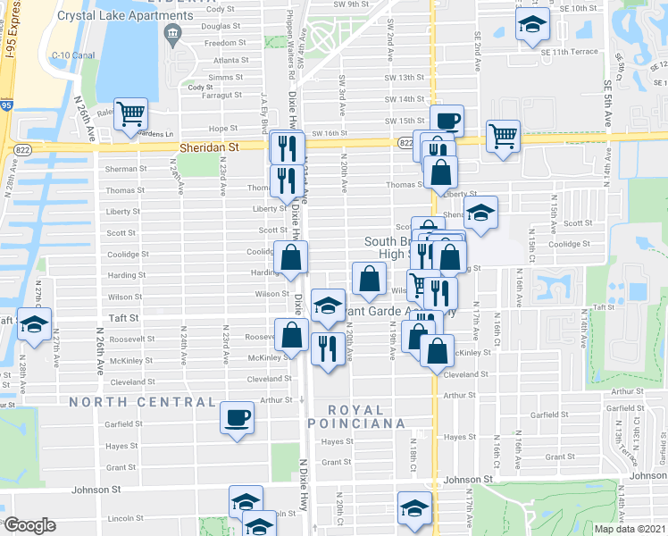 map of restaurants, bars, coffee shops, grocery stores, and more near 2013 Harding Street in Hollywood