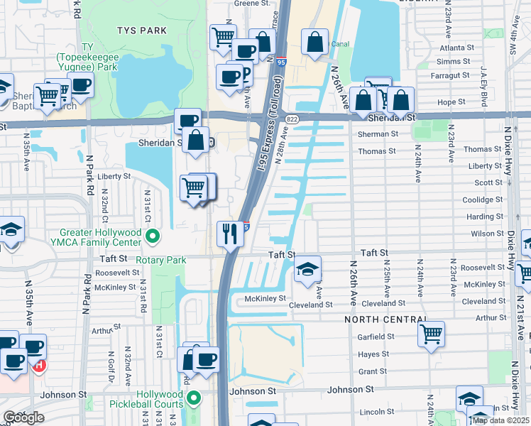 map of restaurants, bars, coffee shops, grocery stores, and more near 1915 North 28th Avenue in Hollywood