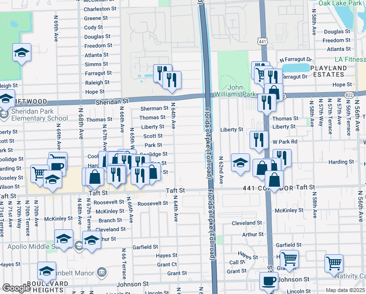 map of restaurants, bars, coffee shops, grocery stores, and more near 6360 Park Street in Hollywood