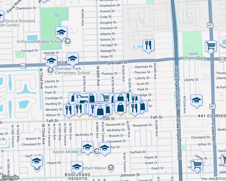 map of restaurants, bars, coffee shops, grocery stores, and more near Park Street in Hollywood