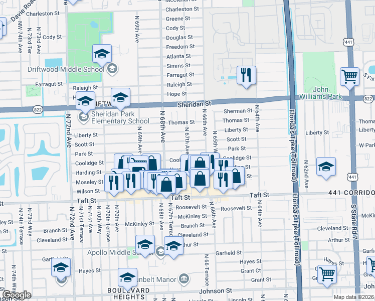 map of restaurants, bars, coffee shops, grocery stores, and more near Park Street in Hollywood