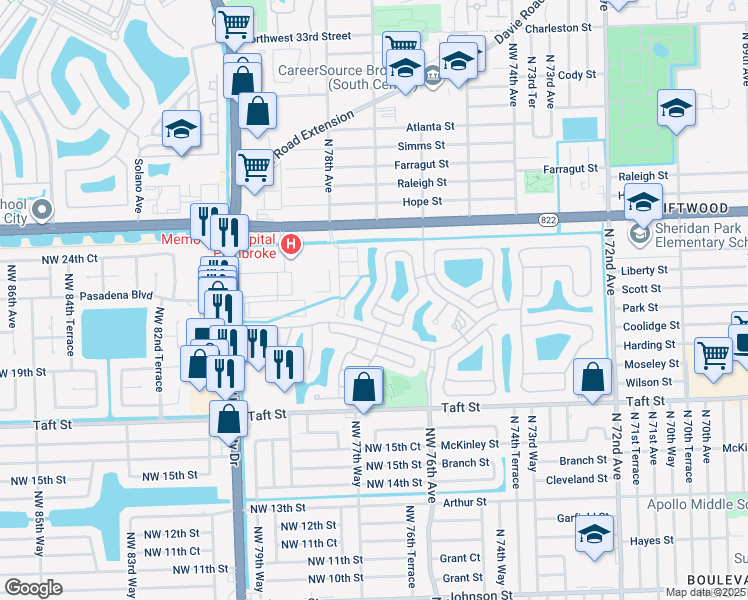 map of restaurants, bars, coffee shops, grocery stores, and more near 2122 Northwest 77th Terrace in Pembroke Pines