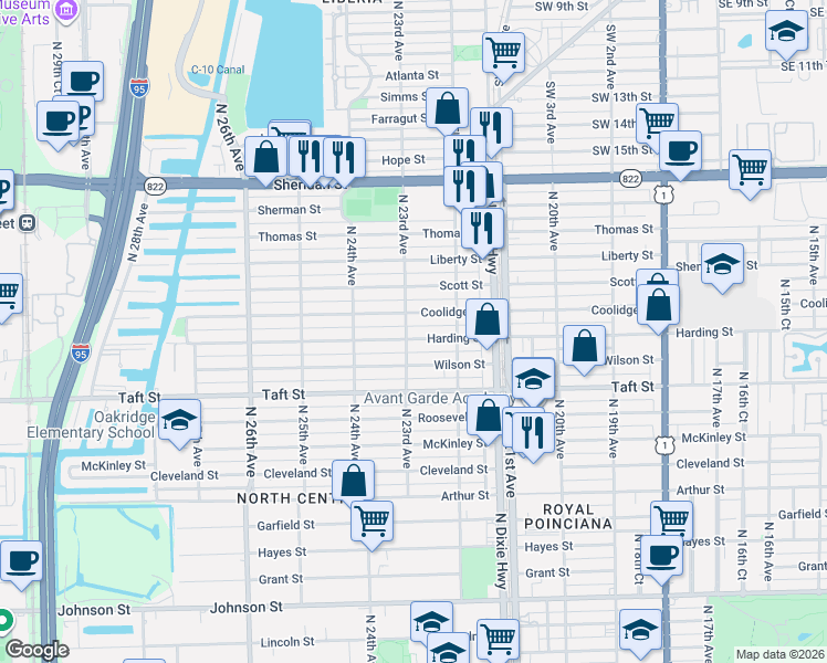 map of restaurants, bars, coffee shops, grocery stores, and more near 2231 Harding Street in Hollywood