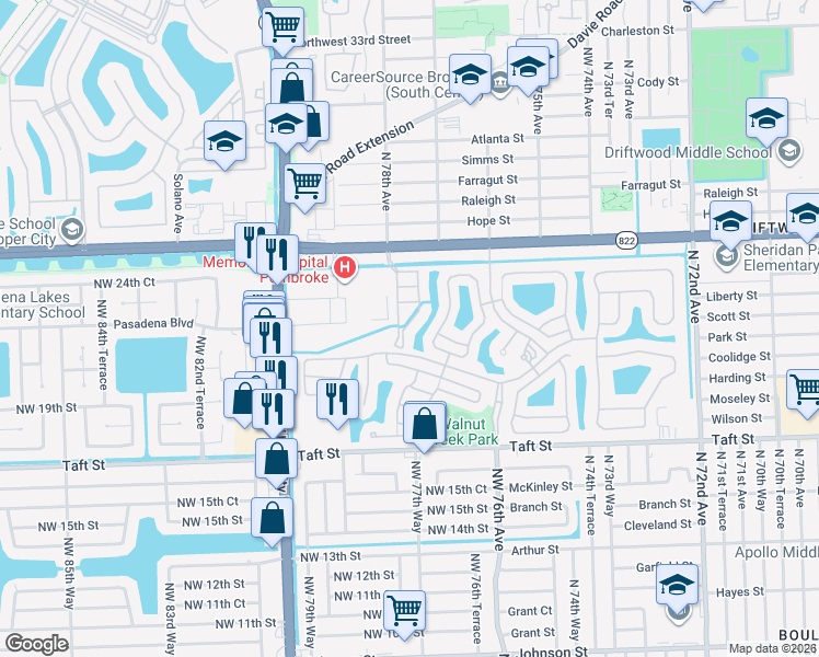 map of restaurants, bars, coffee shops, grocery stores, and more near 2151 Northwest 77th Way in Hollywood