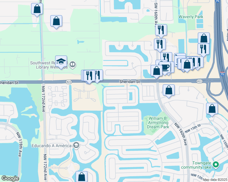 map of restaurants, bars, coffee shops, grocery stores, and more near 16455 Northwest 23rd Street in Pembroke Pines