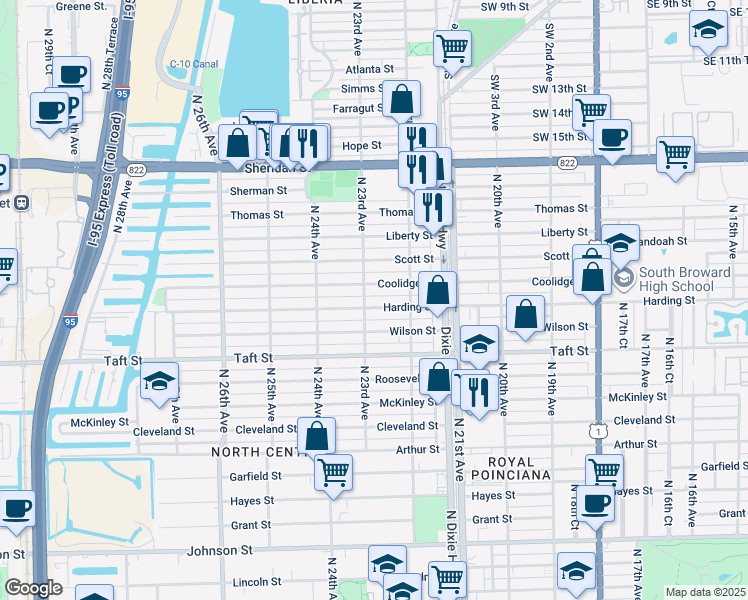 map of restaurants, bars, coffee shops, grocery stores, and more near 2231 Harding Street in Hollywood