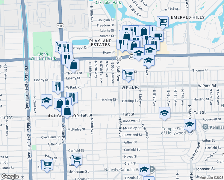 map of restaurants, bars, coffee shops, grocery stores, and more near 5600 Coolidge Street in Hollywood