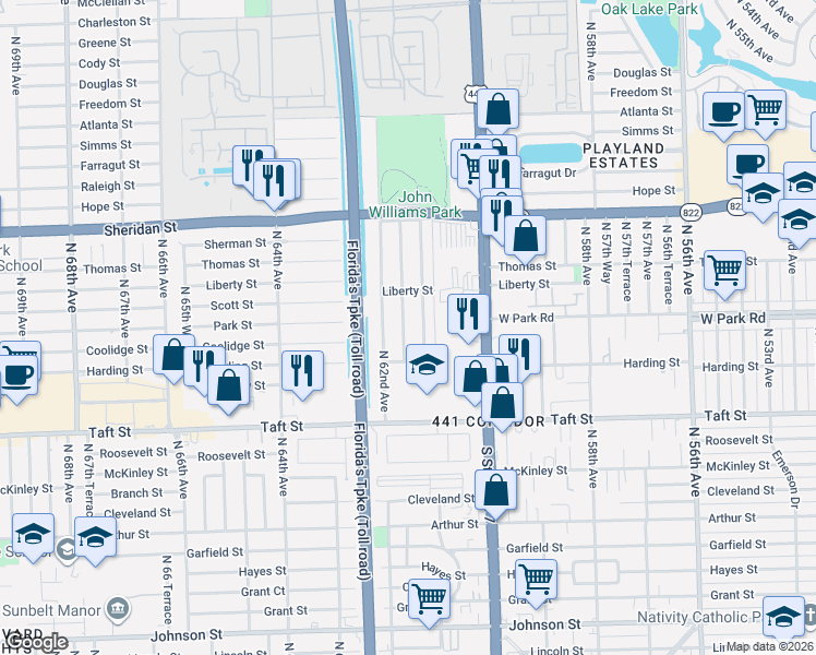 map of restaurants, bars, coffee shops, grocery stores, and more near 2020 North 61st Avenue in Hollywood