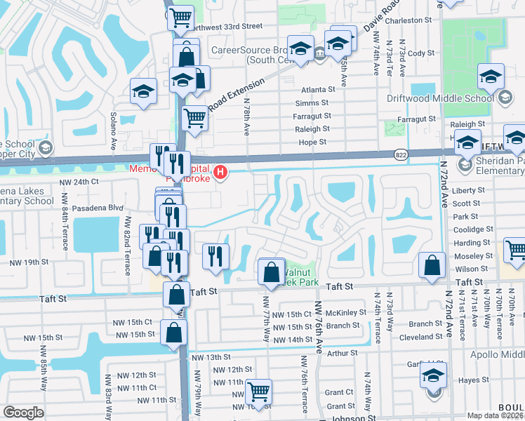 map of restaurants, bars, coffee shops, grocery stores, and more near 2151 Northwest 77th Way in Hollywood