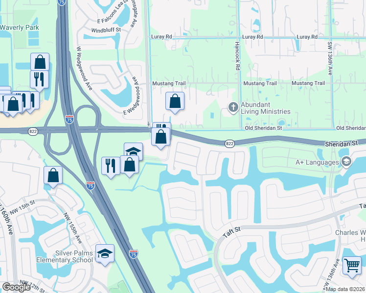 map of restaurants, bars, coffee shops, grocery stores, and more near 14252 Northwest 23rd Street in Pembroke Pines