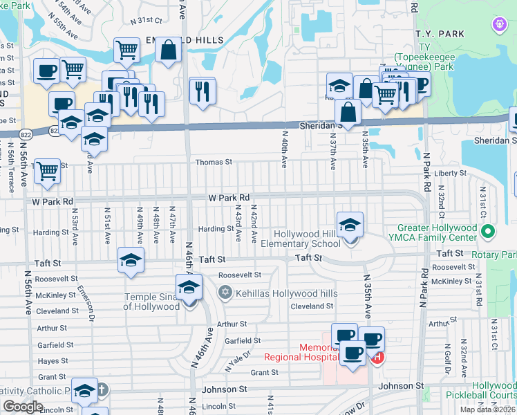 map of restaurants, bars, coffee shops, grocery stores, and more near 2003 North 42nd Avenue in Hollywood
