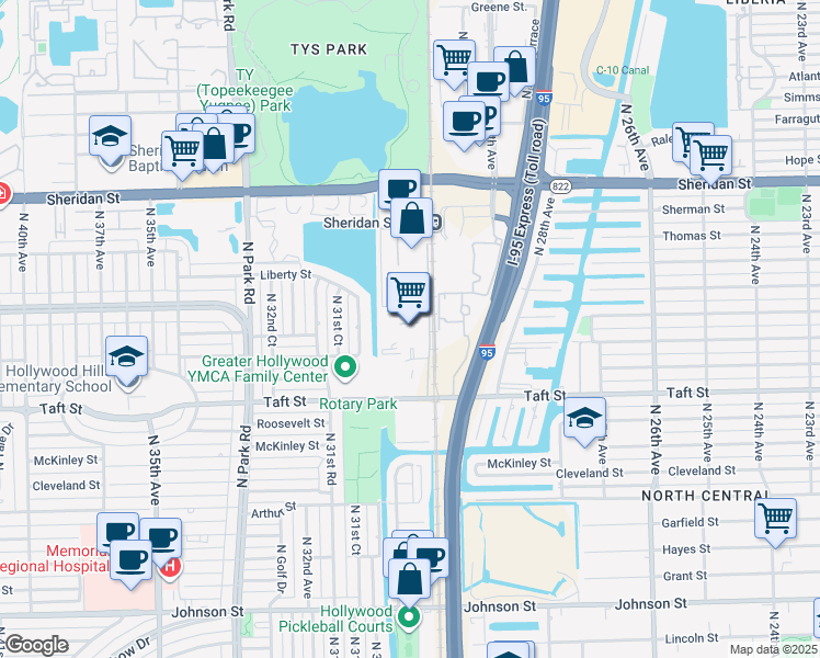map of restaurants, bars, coffee shops, grocery stores, and more near 1940 North 30th Road in Hollywood