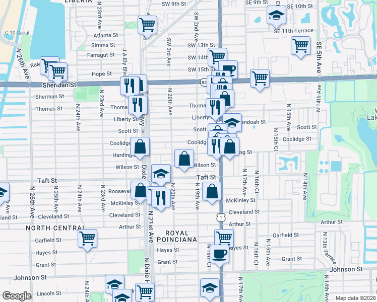 map of restaurants, bars, coffee shops, grocery stores, and more near 1932 Harding Street in Hollywood