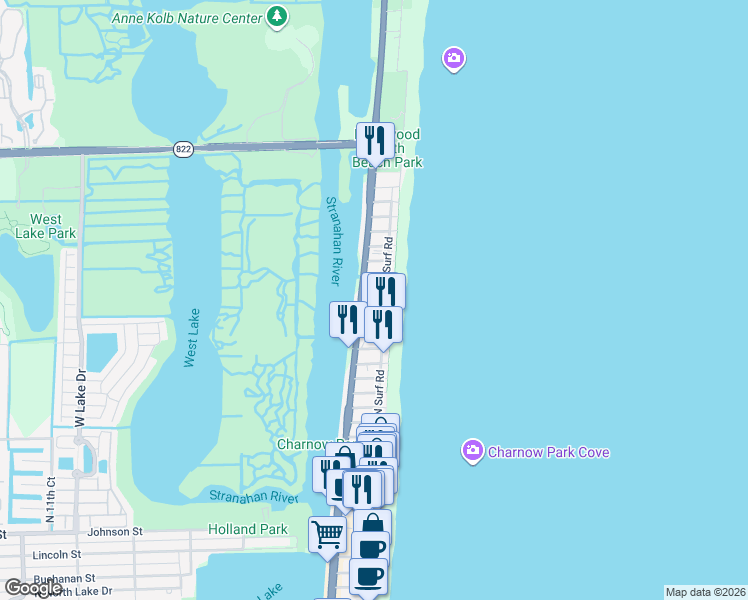 map of restaurants, bars, coffee shops, grocery stores, and more near 202 North Surf Road in Hollywood