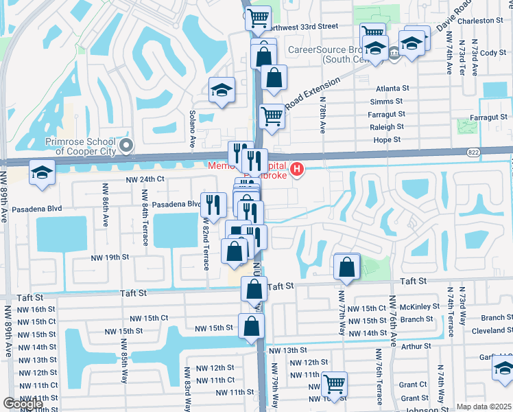 map of restaurants, bars, coffee shops, grocery stores, and more near 7851 Pasadena Boulevard in Pembroke Pines