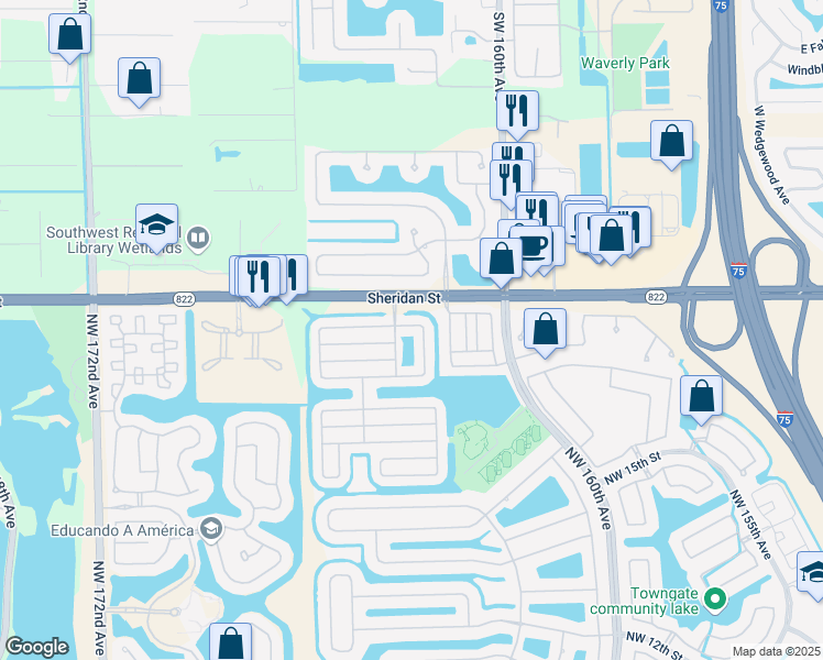 map of restaurants, bars, coffee shops, grocery stores, and more near 16256 Northwest 24th Street in Pembroke Pines