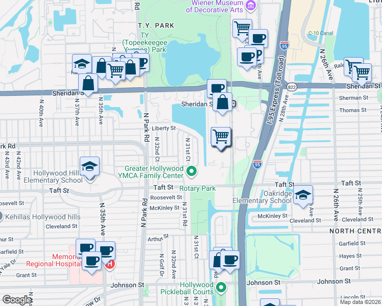 map of restaurants, bars, coffee shops, grocery stores, and more near 1914 North 31st Court in Hollywood