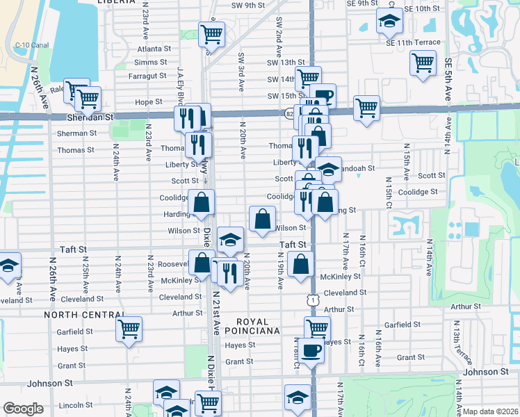 map of restaurants, bars, coffee shops, grocery stores, and more near 1932 Harding Street in Hollywood