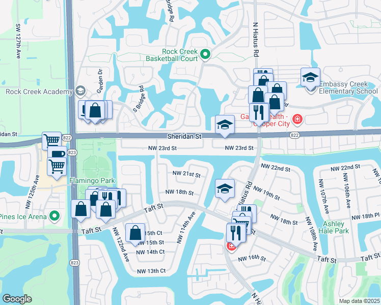map of restaurants, bars, coffee shops, grocery stores, and more near 11510 Northwest 23rd Street in Pembroke Pines