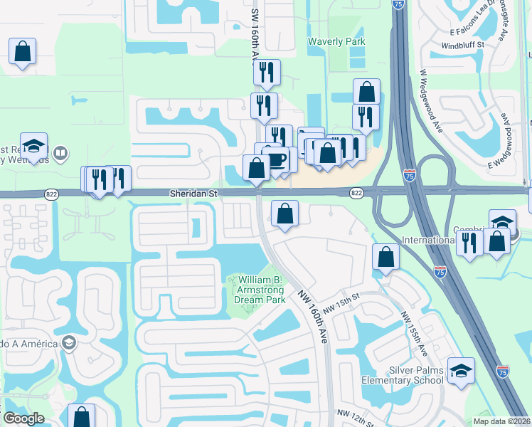 map of restaurants, bars, coffee shops, grocery stores, and more near 2246 Northwest 159th Lane in Pembroke Pines