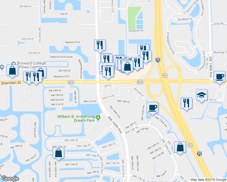 map of restaurants, bars, coffee shops, grocery stores, and more near 2297 Northwest 158th Lane in Pembroke Pines