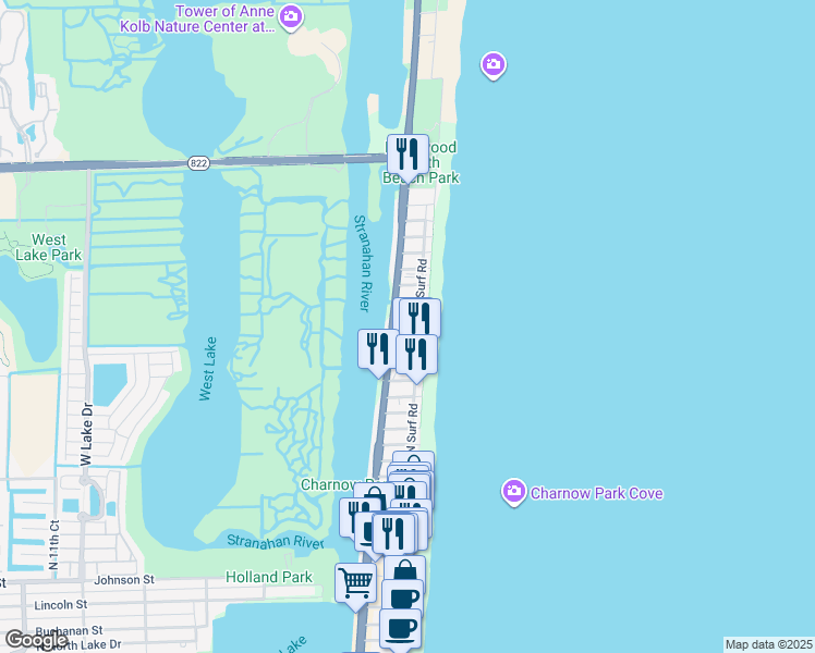 map of restaurants, bars, coffee shops, grocery stores, and more near 202 North Surf Road in Hollywood