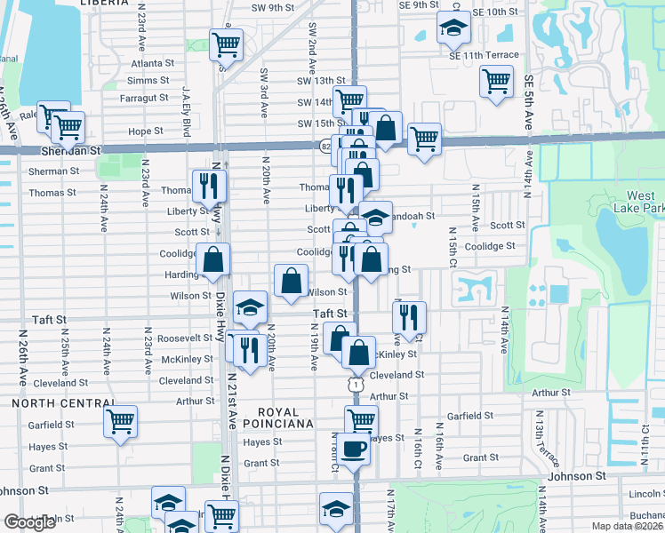map of restaurants, bars, coffee shops, grocery stores, and more near 1821 North 19th Avenue in Hollywood