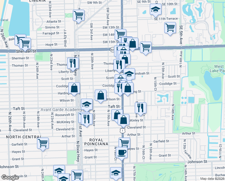map of restaurants, bars, coffee shops, grocery stores, and more near 1821 North 19th Avenue in Hollywood