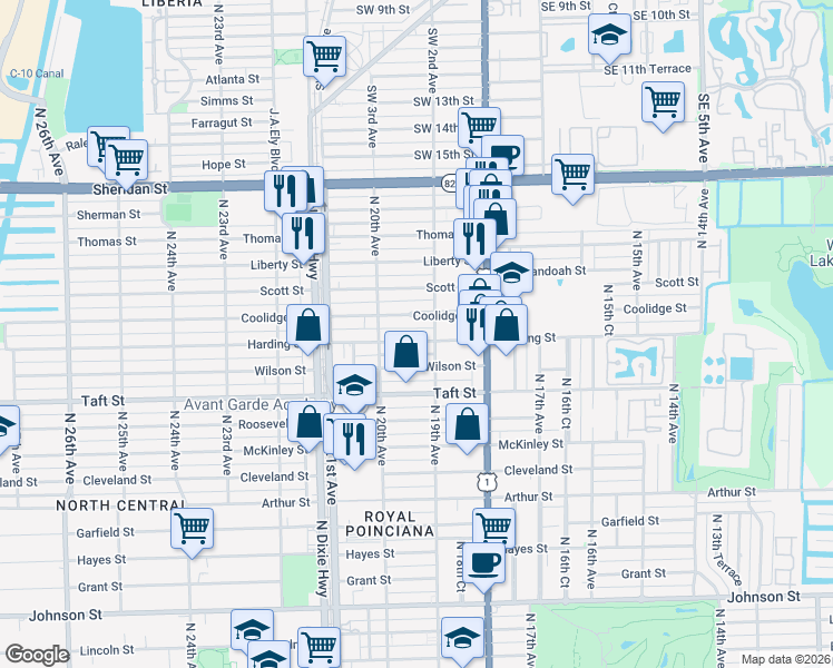 map of restaurants, bars, coffee shops, grocery stores, and more near 1932 Harding Street in Hollywood