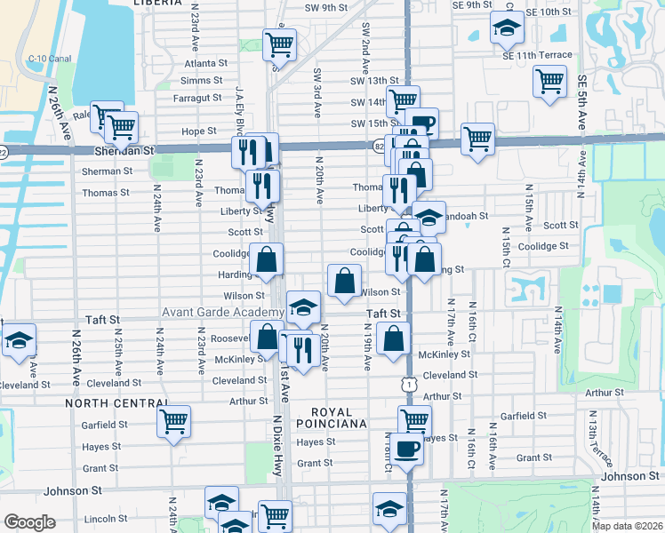 map of restaurants, bars, coffee shops, grocery stores, and more near 1932 Harding Street in Hollywood