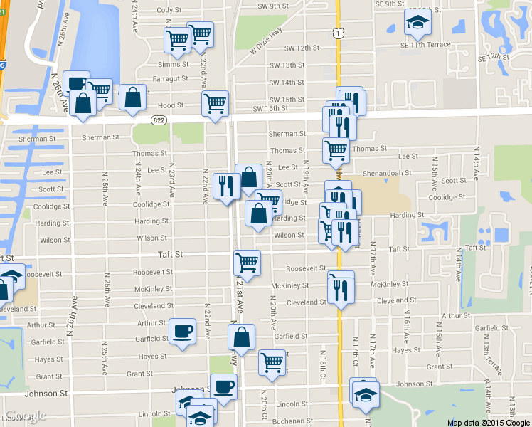 map of restaurants, bars, coffee shops, grocery stores, and more near 2013 Harding Street in Hollywood