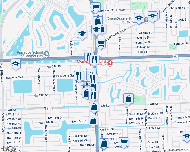 map of restaurants, bars, coffee shops, grocery stores, and more near 2150 North University Drive in Pembroke Pines