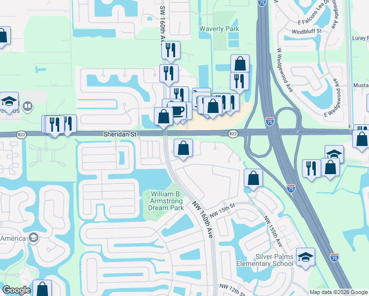 map of restaurants, bars, coffee shops, grocery stores, and more near 2191 Northwest 159th Avenue in Pembroke Pines