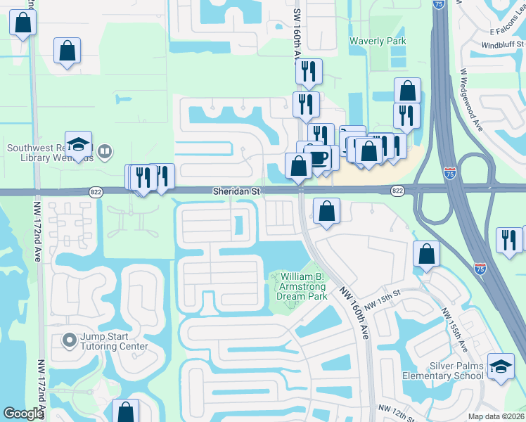 map of restaurants, bars, coffee shops, grocery stores, and more near 2311 Northwest 162nd Terrace in Pembroke Pines