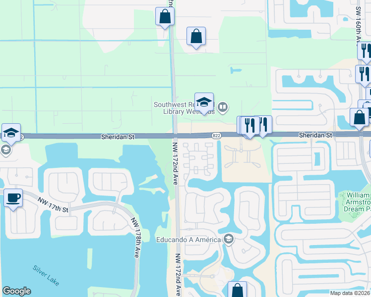 map of restaurants, bars, coffee shops, grocery stores, and more near 17199 Northwest 23rd Street in Pembroke Pines
