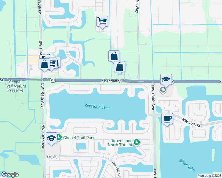 map of restaurants, bars, coffee shops, grocery stores, and more near 18828 Northwest 24th Court in Pembroke Pines