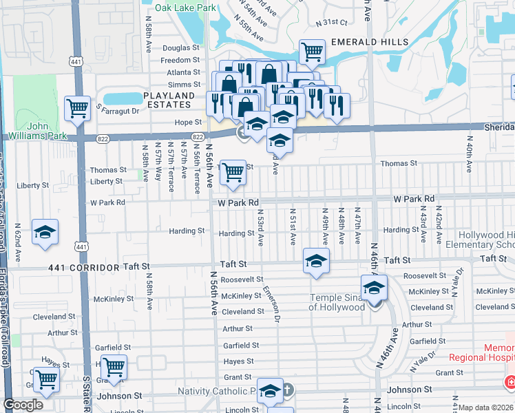 map of restaurants, bars, coffee shops, grocery stores, and more near 2030 North 53rd Avenue in Hollywood